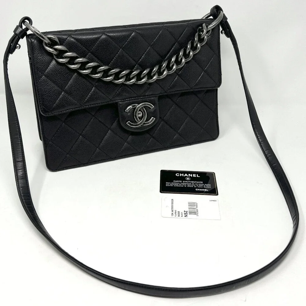 Chanel Black Caviar‎ Leather Quilted Flap Shoulder Bag Silver CC Chain